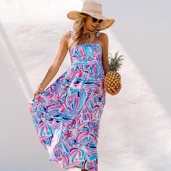 NWT Kenny Flowers Pink and Blue Maxi Sundress Resort Wear - Picture 1 of 5
